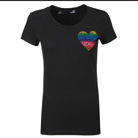 Love Moschino Tops - NEW Love Moschino Rainbow Foil Heart Logo Tee Black Size 2